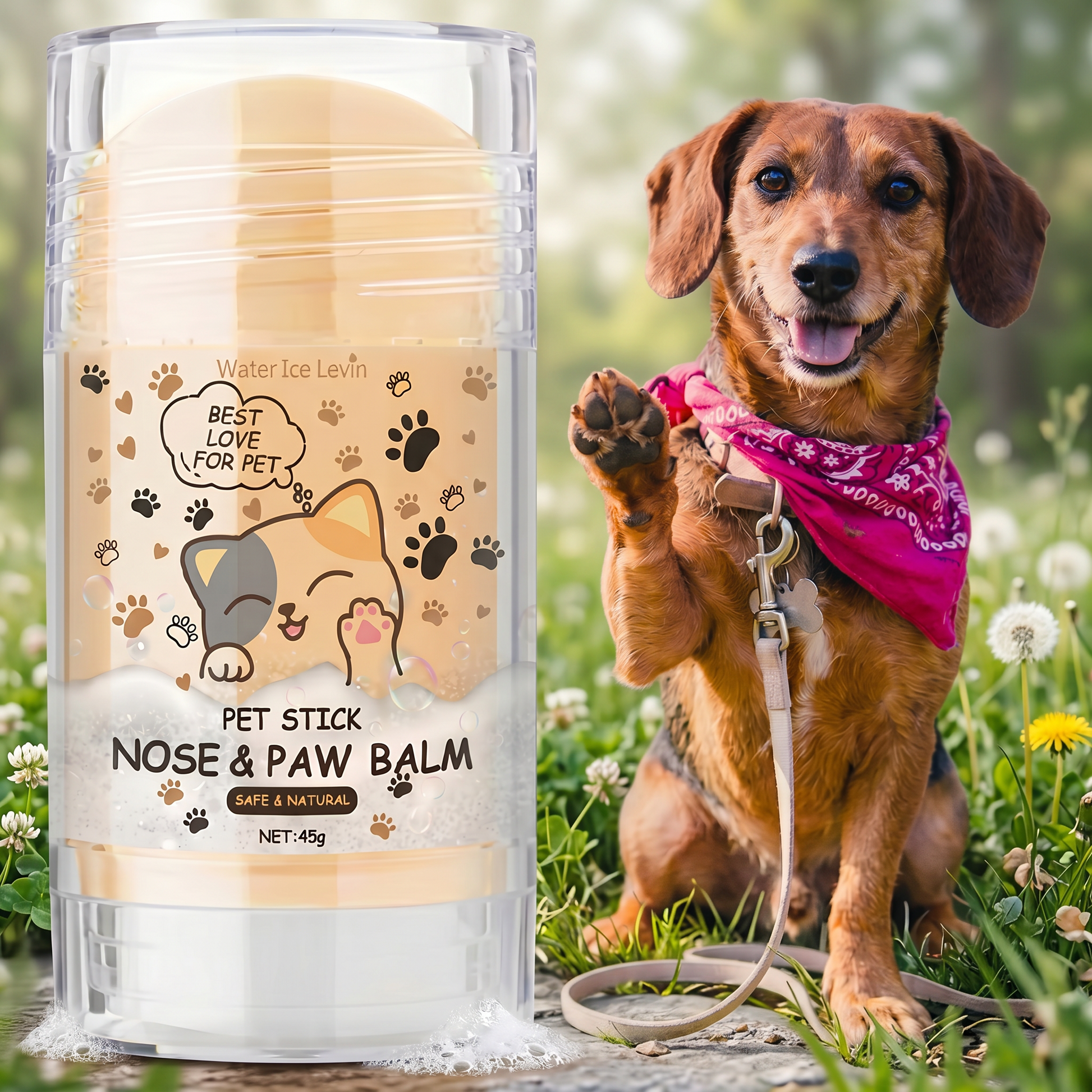 Lupa con el bálsamo hidratante para nariz y patitas